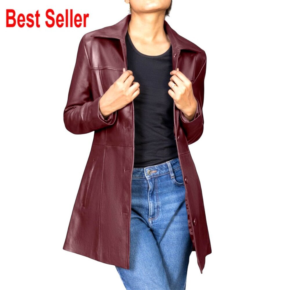 Genuine Leather Jacket Women ¾ Length Overcoat Blazer Style